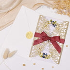 50Pcs Gold Glitter Wedding Invitations With Envelopes and RSVP Cards and Burgundy Ribbon Laser Cut Invitation Kits For Wedding Bridal Shower Quinceanera Invite - Image 3