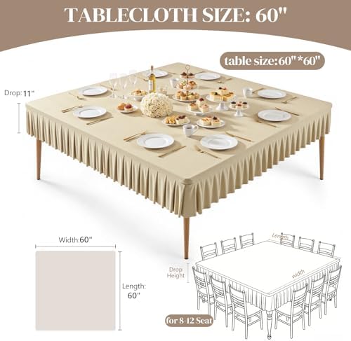 2 Pack Natural Spandex Tablecloths for 60x60 Inch Square Tables, Stretch Fitted Table Clothes with Pleated Ruffle Skirt for 60” Table, Wrinkle Free and Elastic, for Party Kitchen Home Dining - Image 4