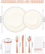 YOUBET 175PCS Ivory Scalloped Plastic Plates with Rose Gold Rim for Party - Image 2