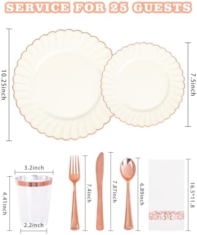 YOUBET 175PCS Ivory Scalloped Plastic Plates with Rose Gold Rim for Party - Image 2