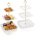 Tebery 2 Pack 3-Tier White Ceramic Embossed Dessert Cake Tower Stand with Gold Carry Handle, Cupcake Stand Serving Trays, Porcelain Party Food Server Display Holder by Tebery