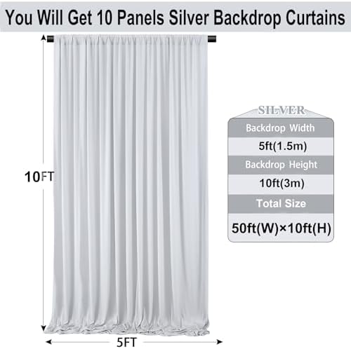 50ft×10ft Silver Wrinkle Free Backdrop Curtains for Parties, 10 Panels 5×10ft Soft Silky Polyester Light Gray Photo Backdrop Drapes for Wedding Birthday Baby Shower Party Photography Decor - Image 3