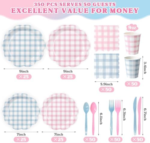 Pink and Blue Gingham Dinnerware Set, 350 Pcs, Serves 50 - Image 4