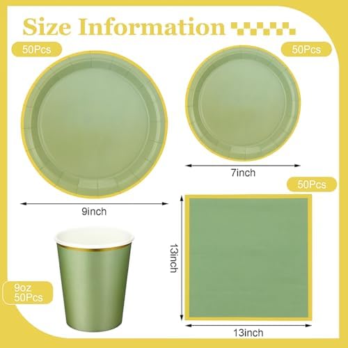 Dandat 200 Pcs Sage Green Paper Plates and Napkins Set, Gold Rim - Image 2
