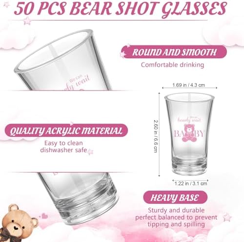 Funnymoom 50 Sets Pink Teddy Bear Baby Shower Decorations Girl We Can Bearly Wait Party Favors Birthday Gifts for Guests Acrylic Clear Shot Glasses Thank You Tags with Organza Bags for Gender Reveal - Image 5