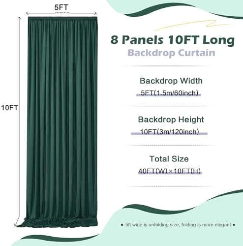 40ft x 10ft Wrinkle Free Hunter Green Backdrop Curtain for Jungle Parties, 8 Panels 5×10ft Soft Silky Green Polyester Photo Backdrop Drapes for Wedding Birthday Photography Christmas Background Cloth - Image 5