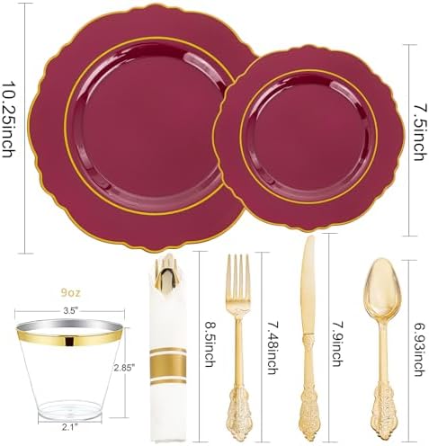 Liacere 350PCS Red Plastic Plates-Disposable Burgundy Red and Gold Plates 50guest Baroque Plastic Dinnerware include 100Plates, 50Pack Pre Rolled Napkins with Silverware 50Cups for Party & Wedding - Image 4