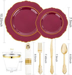 Liacere 175PCS Red Plastic Plates - Disposable Burgundy Red and Gold - 25guest Baroque Plastic Dinnerware include 50Plates, 25Pack Pre Rolled Napkins with Silverware 25Cups for Party & Wedding - Image 4