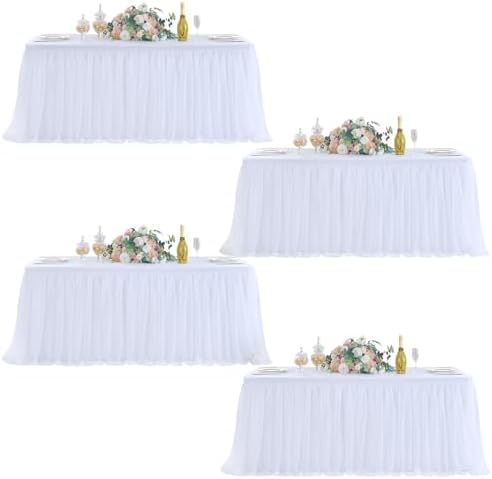 familus White Table Cloths 6 Foot Rectangle 4 Panels Stretch Ruffle Tulle Tablecloth Spandex Fitted Table Cover for 6 Foot Tulle Table Skirts for Party Wedding Table Cloths, Banquets by familus