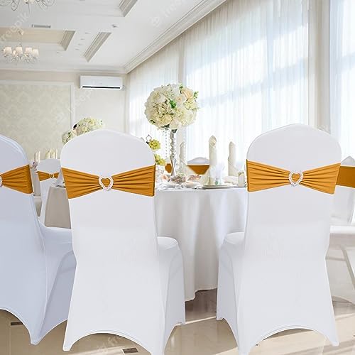 Pack of 120 Spandex Chair Sashes Bows Stretch Chair Cover Band with Buckle Slider Universal Elastic Chair Ties for Wedding Banquet Party Event Decoration (Gold) - Image 6