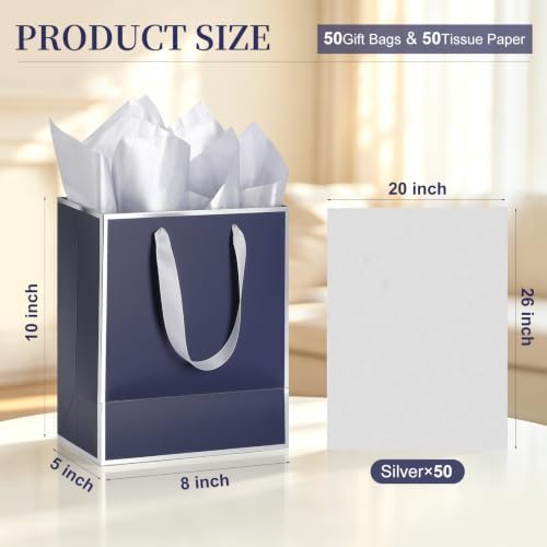 Saking 50 Pcs Medium Gift Bags Bulk with Handles and Tissue Paper 8x5x10 In - Image 2