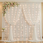 20ft x 10ft Cream White Chiffon Backdrop Curtain with Lights String for Parties,4 Panels Tulle Sheer Curtain Wedding Backdrop for Baby Shower Birthday Party Ceremony Reception Home Decorations by Partisky