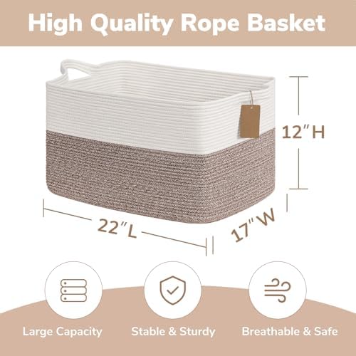 Goodpick 75L Extra Large Woven Rope Blanket Basket, Rectangle, Brown - Image 3