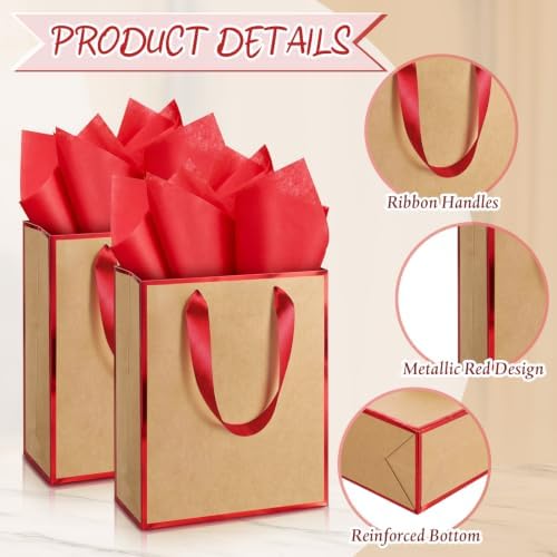 Yeaqee 50 Pack Metallic Paper Gift Bag Bulk with Handle, Kraft, Red - Image 3