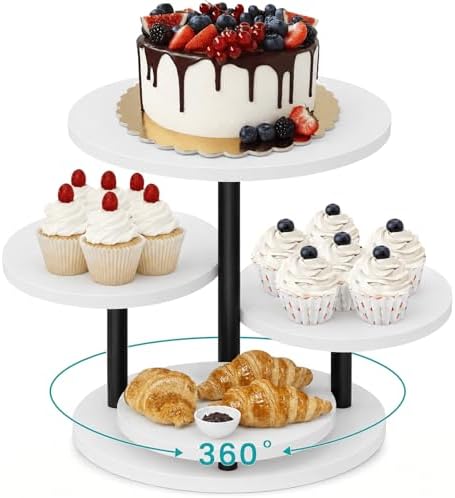 ELITEROO 4 Tiered Wooden Cupcake Stand, Round cake and cupcake stand combo with serving Tray, 360°Rotating Dessert Tower for Pie Table Display Rack for Wedding Birthday Baby Shower Tea Party, White by ELITEROO