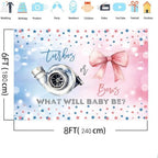 MEHOFOND 8x6ft Turbos or Bows Gender Reveal Backdrop Boy or Girl What Will Baby Be Photography Background Pink and Blue Stars Gender Reveal Baby Shower Party Decorations Banner Photo Booth Props - Image 4