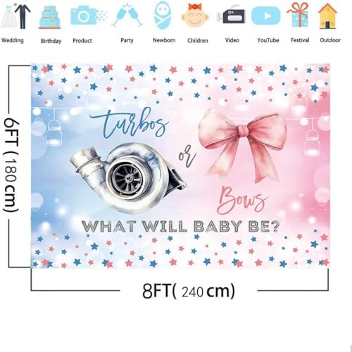 MEHOFOND 8x6ft Turbos or Bows Gender Reveal Backdrop Boy or Girl What Will Baby Be Photography Background Pink and Blue Stars Gender Reveal Baby Shower Party Decorations Banner Photo Booth Props - Image 4