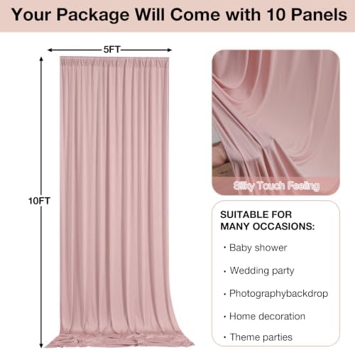 50ftx10ft Wrinkle Free Dusty Pink Backdrop Curtains for Parties, Silky Polyester Photo Backdrop Drapes 10 Panels 5x10ft Back Drop Cloth for Wedding Birthday Baby Shower Photography Background - Image 5