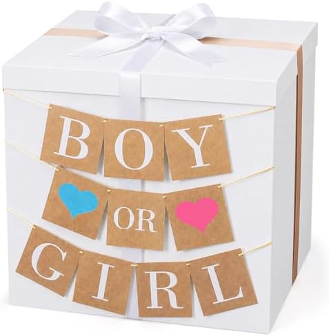VercanMonth 28 Inches Giant Gender Reveal Gift Box with Lid Kit Extra Large White Gift Box with Boy or Girl Party Banner and White Gold Ribbons for Gender Reveal Birthday Party Baby Shower Decor by VercanMonth