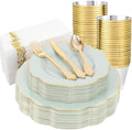 NOCCUR 175PCS Sage Green Plastic Plates with Gold Disposable Silverware - Include 50 Green and Gold Plastic Plates,25 Knives,25 Forks,25 Spoons,25 Cups and 25 Napkins - Wedding/Party/Baby Shower by NOCCUR