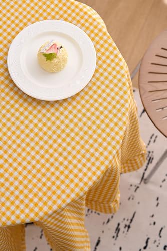 vctops Farmhouse Yellow Plaid Ruffle Table Cloth, Boho Cotton Linen Tablecloth, Washable Table Cover for Round Table Baby Shower Kitchen Party Wedding Decor (Yellow,70") - Image 6