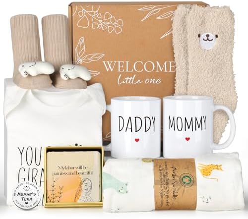 New Mom Gifts for Women, 9pcs Pregnancy Gifts for Expecting Mom, Cute Baby Gifts New Parents Gifts for Couples w/Mom and Dad Mugs for Gender Reveal Baby Shower First Time Mom to be Gifts(Khaki) by SuhctuptxAccompanyUInLife