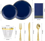 NOCCUR 350PCS Navy Blue Plastic Plates - Blue Disposable Dinnerware Set for 50 Guests, 100 Dinner/Dessert Plates, 150 Gold Silverware, 50 Cups&50 Napkins for Party/Wedding/Graduation/Independence Day - Image 2