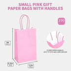 DjinnGlory 100 Pack Small Sized Pink Paper Gift Bags with Handles Bulk for Small Business, Boutiques, Baby Showers, Party Supplies, Retails, 9x5.5x3.15 Inch - Image 2