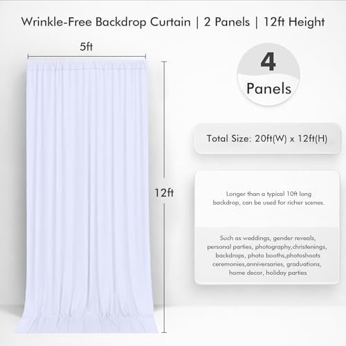 20ftx12ft White Backdrop Curtains for Wedding Party 4 Panels 5×12FT Tall - Image 4