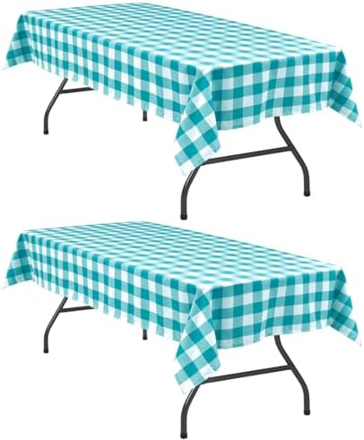 Hiasan Plaid Tablecloth 2 Pack, 54 x 80 inch, Turquoise and White by Hiasan