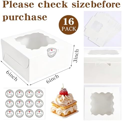 16 Pcs White 6x6x3 Bakery Boxes with Window, Treat Boxes for Baked Goods - Image 2
