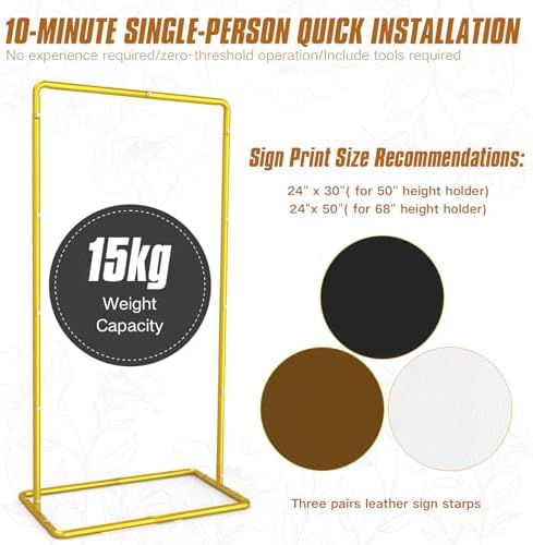 Wedding Sign Holder Adjustable Welcome to Our Wedding Sign Stand 68”x31”x 20”Heavy Duty Metal Easel for Signs,Include 6 Sign Hanging Straps &Storage Bag& for Signs& Seating Charts & Event Decor(Gold) - Image 6