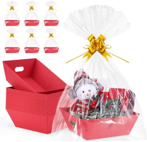20 Pack Red Empty Gift Baskets for Filling, 10x8x3.5” Sturdy Red Kraft Paper Hampers with 20 Clear Bags and 20 Gold Bows, Bulk DIY Gift Basket Kit for Christmas, Valentine's Day, Wedding, Party by AFOROEOA