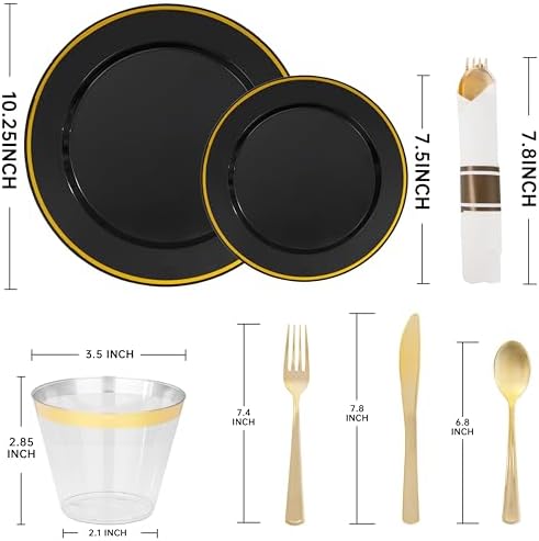 SUT 350 Pcs Black and Gold Plastic Dinnerware Set for 50 Guests, Include: 50 Dinner Plates, 50 Dessert Plates, 50 Pre Rolled Napkins With Silverware, 50 Cups, Disposable Plates for Party - Image 2