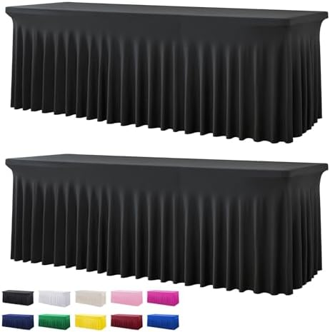 2 Pack Black Spandex Tablecloth for 8 Foot Rectangle Tables, Wrinkle Free Fitted Table Cloths 8ft Stretchy Table Clothes Cover Desk Skirt for Parties Weddings Birthday Banquet Baby Shower by Htper