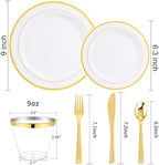 WELLIFE 300Pcs Gold Dinnerware Set for 50 Guests, Gold Rim Plastic Plates Disposable, 50 Dinner and 50 Salad Plates, 50 Cups, 50 Silverware Set for Party - Image 2
