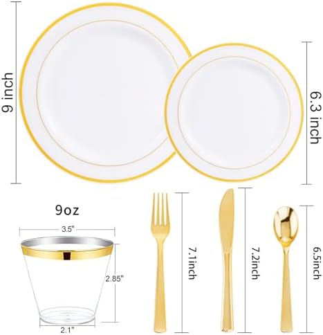 WELLIFE 300Pcs Gold Dinnerware Set for 50 Guests, Gold Rim Plastic Plates Disposable, 50 Dinner and 50 Salad Plates, 50 Cups, 50 Silverware Set for Party - Image 2