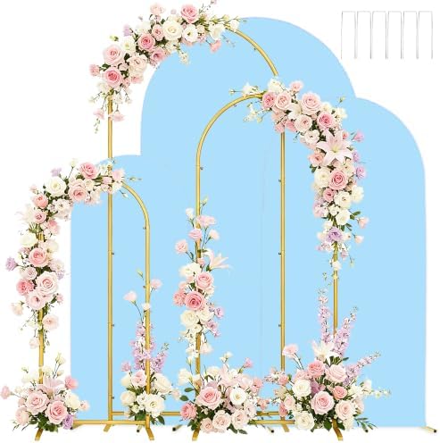 3 Metal Arch Backdrop Stands with Baby Blue Covers, 6/6.6/7.2FT by Laxwuqu