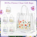 Canchiing 50 Pcs Wildflower Clear Gift Bags with Handles Reusable Spring Flower Treat Bags PVC Gift Wrap Totes for Floral Themed Baby Shower Wedding Birthday Party Favors, 7.9 x 7.9 x 3.1 - Image 2