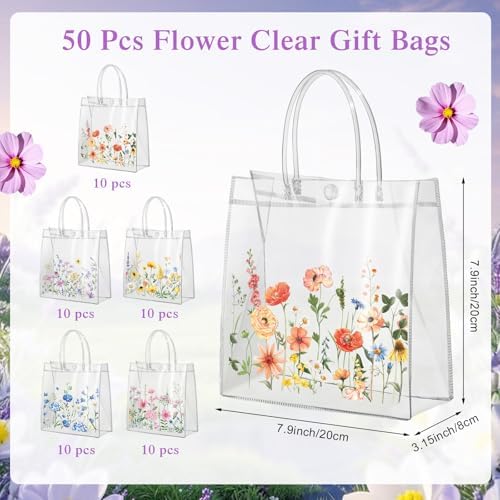 Canchiing 50 Pcs Wildflower Clear Gift Bags with Handles Reusable Spring Flower Treat Bags PVC Gift Wrap Totes for Floral Themed Baby Shower Wedding Birthday Party Favors, 7.9 x 7.9 x 3.1 - Image 2