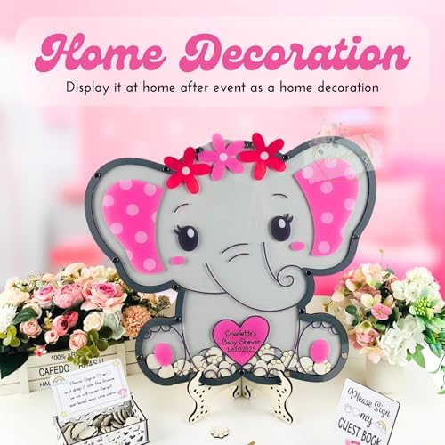 Elephant Baby Shower Guest Book Alternative Drop Box Frame Wood Girl Pink - Image 2