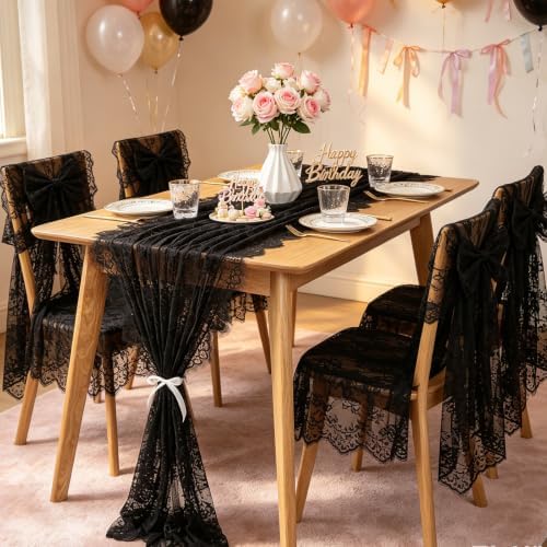 Black Lace Table Runner Fabric 6Pcs 30 x 120 Inch Rustic Vintage Kitchen - Image 2