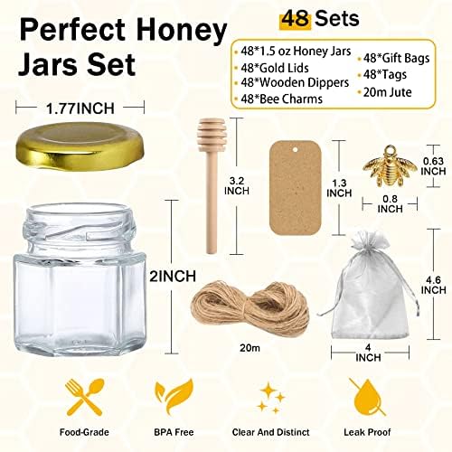 Aliggbent 48 Pack Mini Honey Jars, 1.5oz Hexagon Glass with Dippers - Image 2