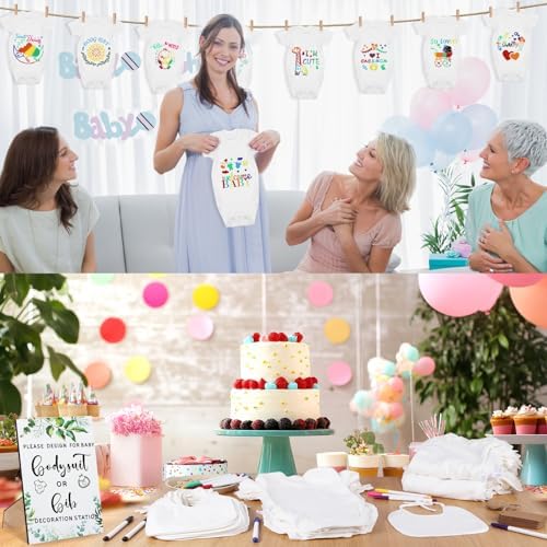 201 Pcs Baby Shower Set Baby Shower Game Sign Baby Bib Bodysuit White Baby Bib Newborn Bodysuit Baby Shower White Decorating Kit(Green) - Image 6