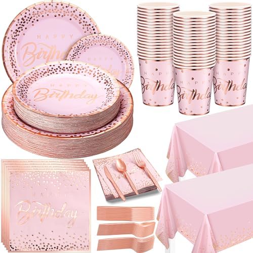 352 Pcs Pink and Rose Gold Birthday Party Supplies Severs 50 Guests Paper Plates Cups Napkins, Plastic Tablecloths Forks Knives Spoons Pink Disposable Dinnerware Set for Baby Shower Birthday Wedding by Nosiny