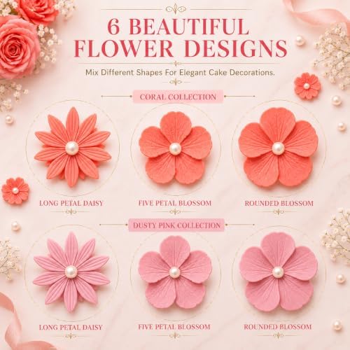 CONFECT Handmade Edible Gum Paste Flower Decorations – Blush Blossom Duo – 60 Piece Assorted Sugar Flower Set with Pearl Centers, Hand Cut Cake Flowers for Cakes, Cupcakes, Cookies & Desserts - Image 3