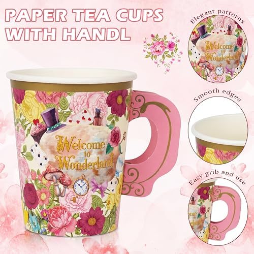 FillTouch 50 Sets Wonderland Paper Tea Cups and Saucers for Tea Party - Image 2