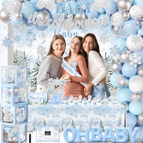 Baby It’s Cold Outside Baby Shower Decorations, Blue Winter Baby Shower Decorations for Boy Winter Woodland Tablecloth Banner Backdrop Balloon Box Cupcake Topper Hanging Swirl for Boy Gender Reveal - Image 2