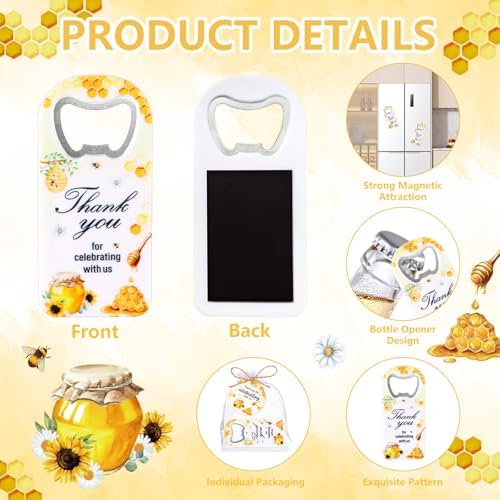 50Pcs Bee Baby Shower Bottle Opener Favors for Guests Cute Magnetic Handheld Bottle Openers with Organza Bags and Thank You Cards, for Gender Reveal Theme Party Decorations Rerurn Gift Souvenirs（Bee） - Image 3