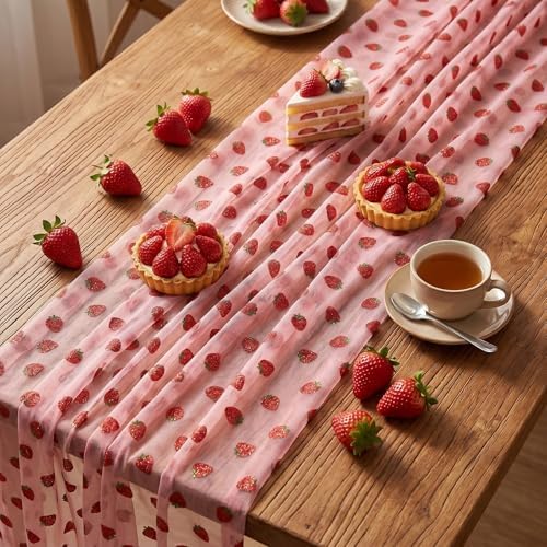 8 Pcs Strawberry Table Runners, 29 x 70 in Pink Glitter Tulle - Image 7